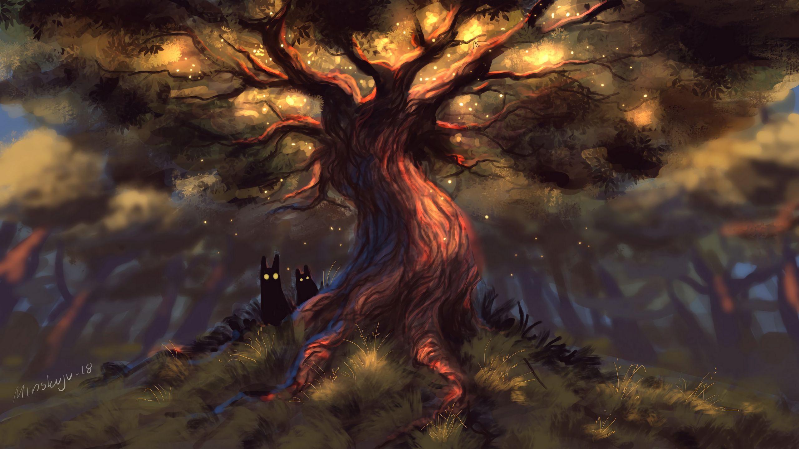 2560x1440 Download wallpaper 2560x1440 creatures, fabulous, forest, tree, dark, eyes widescreen 16:9 HD background