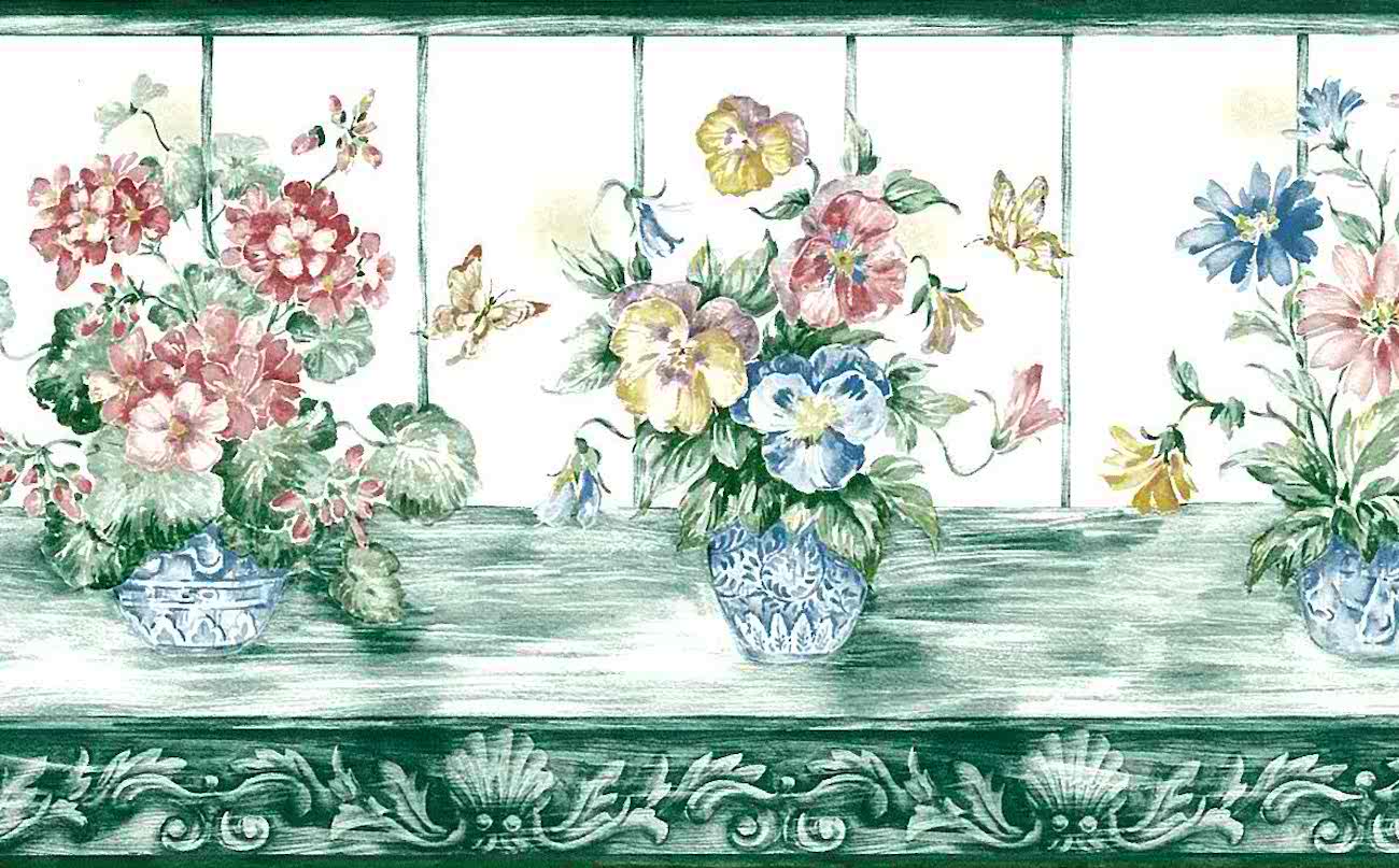1300x807 Geraniums Vintage Wallpaper Border Red Blue White Faux SYL8003