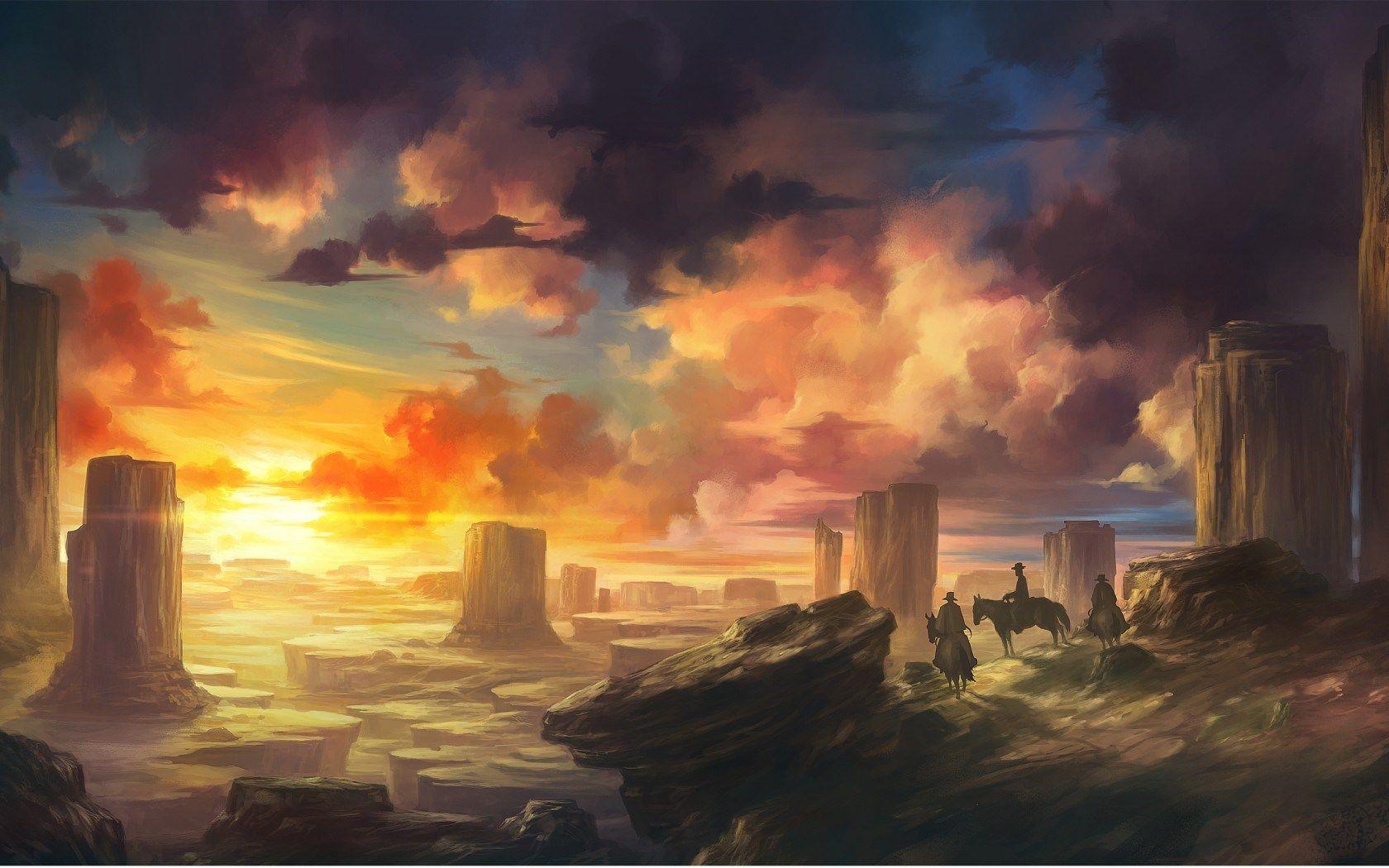 1680x1050 Art Landscape Rocks Horses Riders Wild West Sunset wallpaperx1050