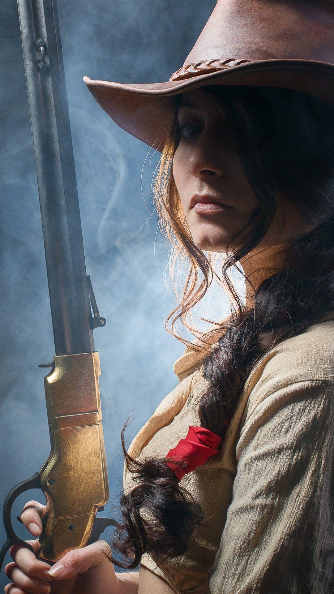 1080x1920 iPhone Wallpaper Wild West Girl, Rifle In Hands, Cowboy