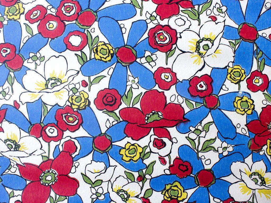 1024x768 Retro Wallpaper Vintage Red Blue Yellow and White Floral
