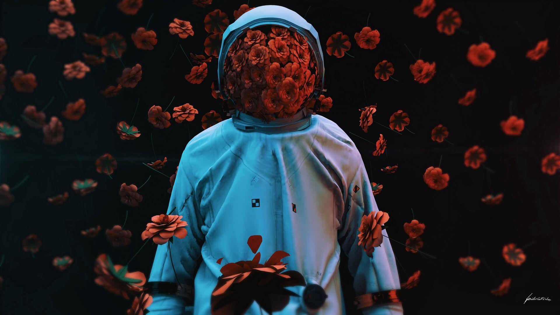 1920x1080 Download wallpaper 1920x1080 astronaut, flowers, spacesuit, gravity, 3D full hd, hdtv, fhd, 1080p HD background