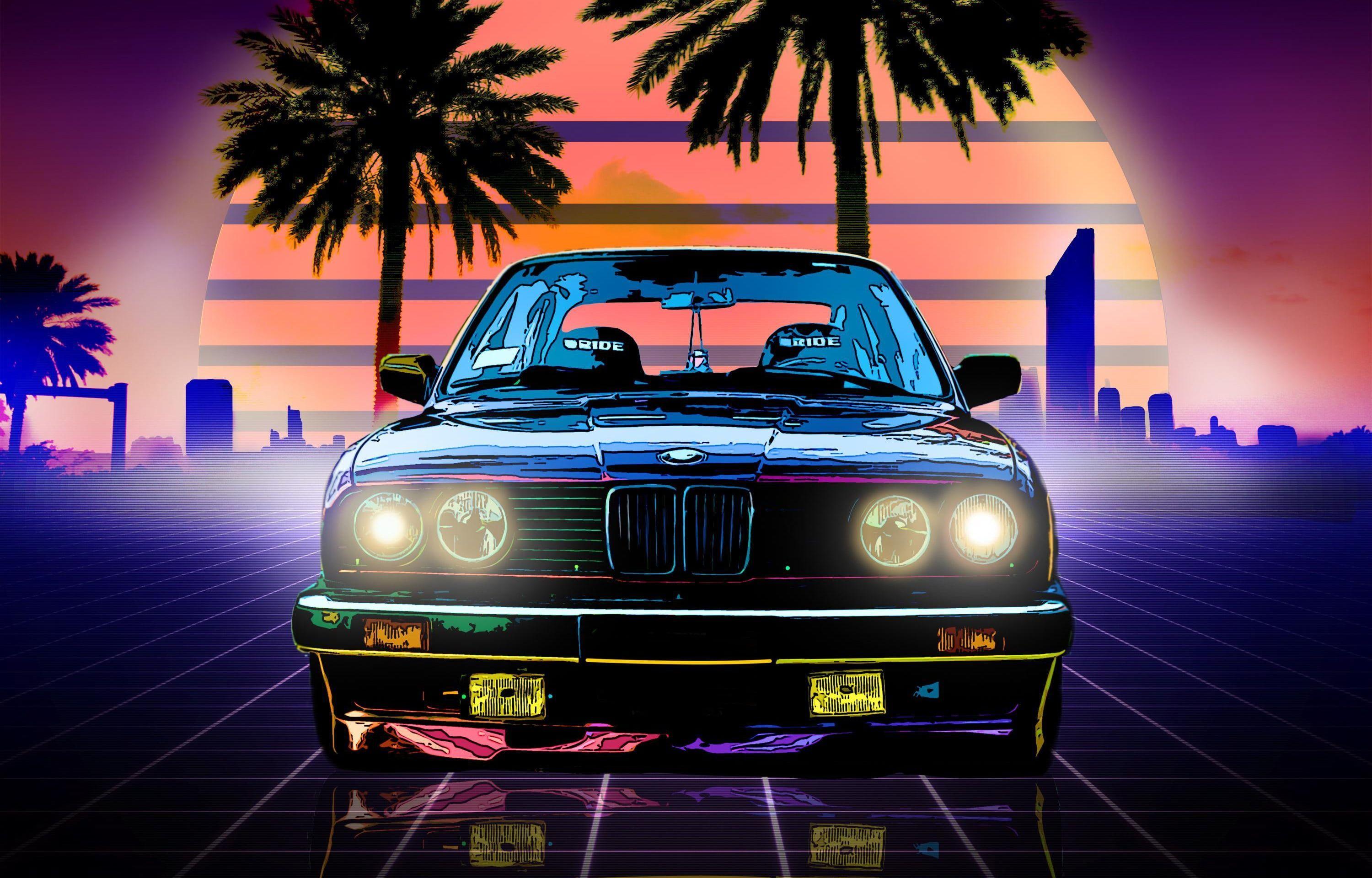 3000x1920 The sun, Music, Neon, BMW, Machine, Boomer, Palm trees, Background, 80s wallpaper. Bmw e Bmw wallpaper, Car wallpaper