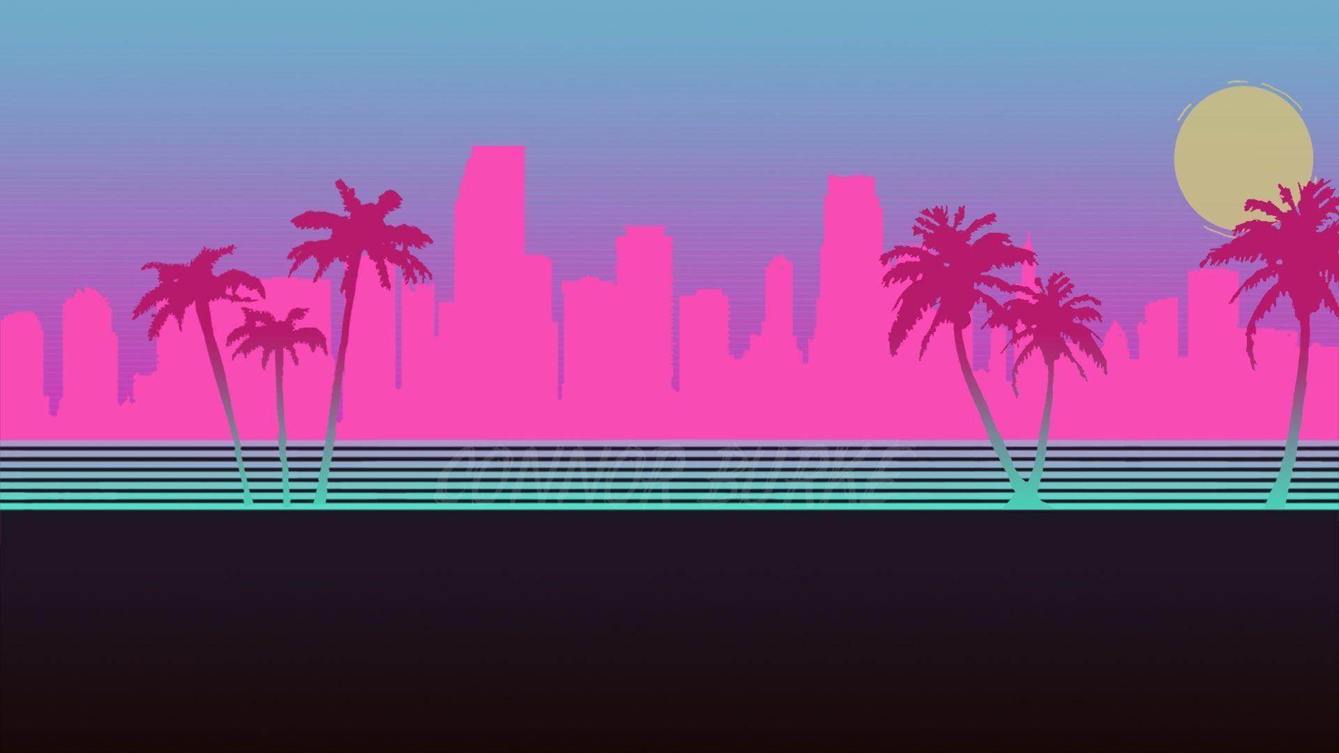1920x1080 vaporwave sunset #vaporwave The city #Neon Palm trees #Silhouette #Background Hotline Miami #Synthpop #Darkwave #. Vaporwave wallpaper, Miami wallpaper, Vaporwave