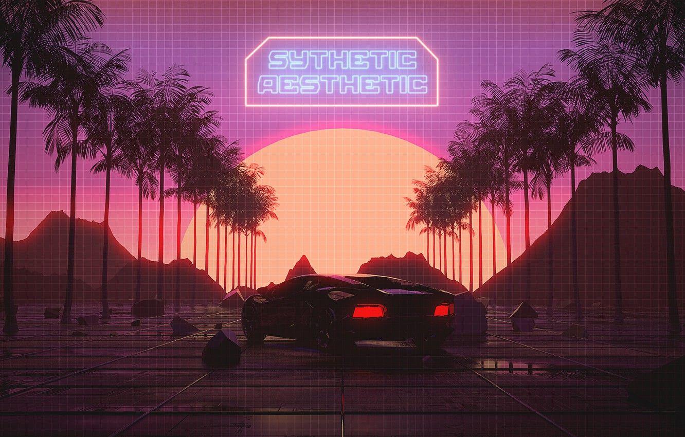 1332x850 Wallpaper Sunset, The sun, Auto, Music, Lamborghini, Machine, Style, Palm trees, Art, 80s, Style, Neon, Rendering, Illustration, Concept Art, Vehicles image for desktop, section рендеринг