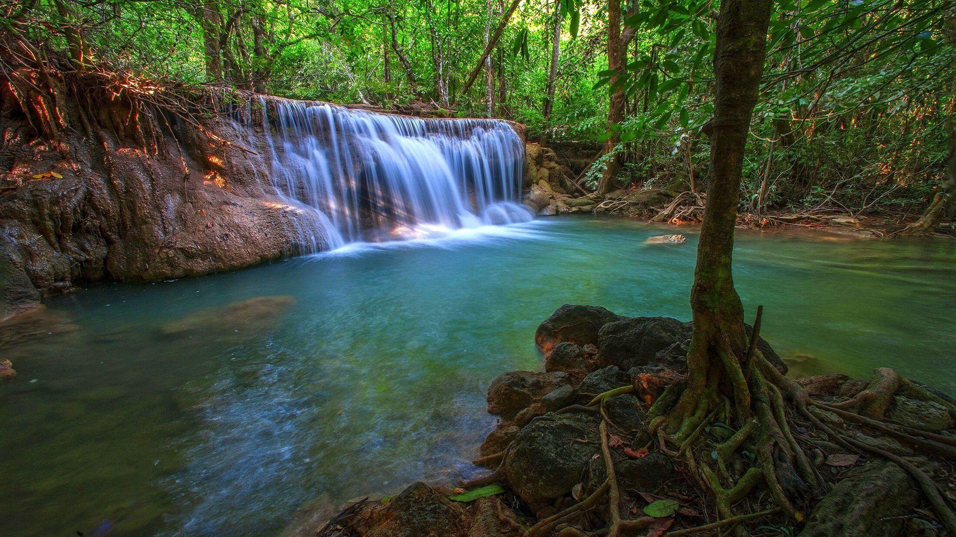 1920x1080 Wonderful Tropical Waterfall In Jungle Pool With Turquoise Blue Water, Green Trees Desktop Wallpaper HD 2880x1800 : Wallpaper13.com