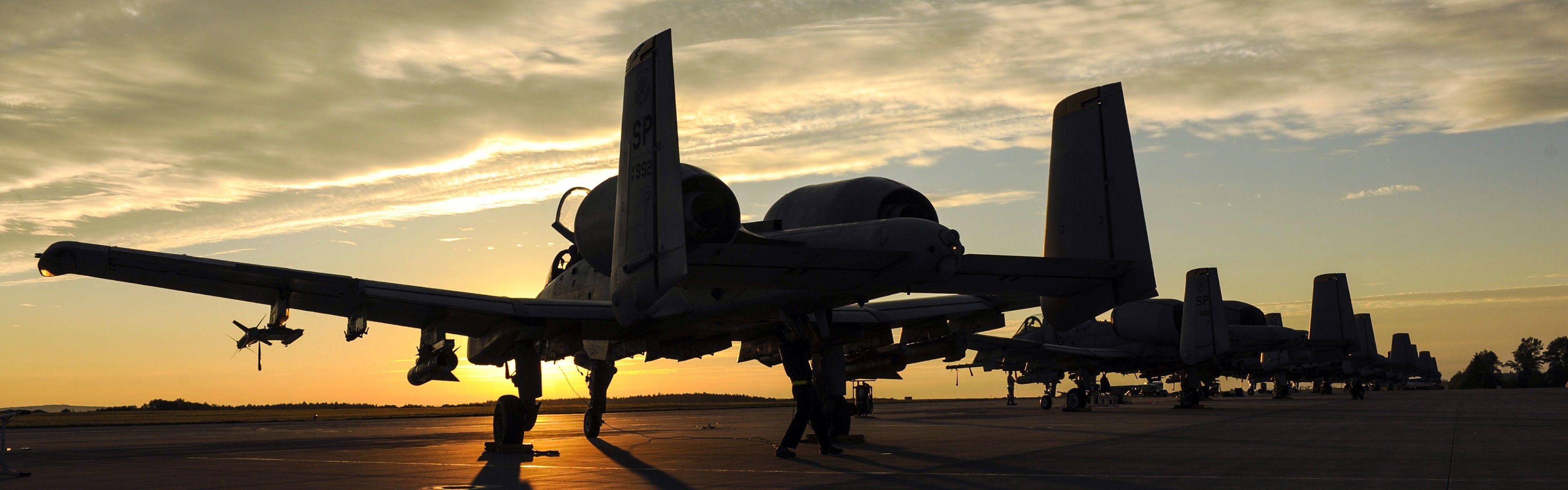 3840x1200 Fairchild A 10 Thunderbolt II, Sunset, Military aircraft, Aircraft, Dual monitors, Multiple display Wallpaper HD / Desktop and Mobile Background