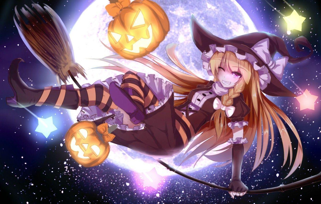 1332x850 Wallpaper the sky, girl, stars, holiday, the moon, hat, anime, art, pumpkin, halloween, touhou, wink, kirisame marisa image for desktop, section прочее