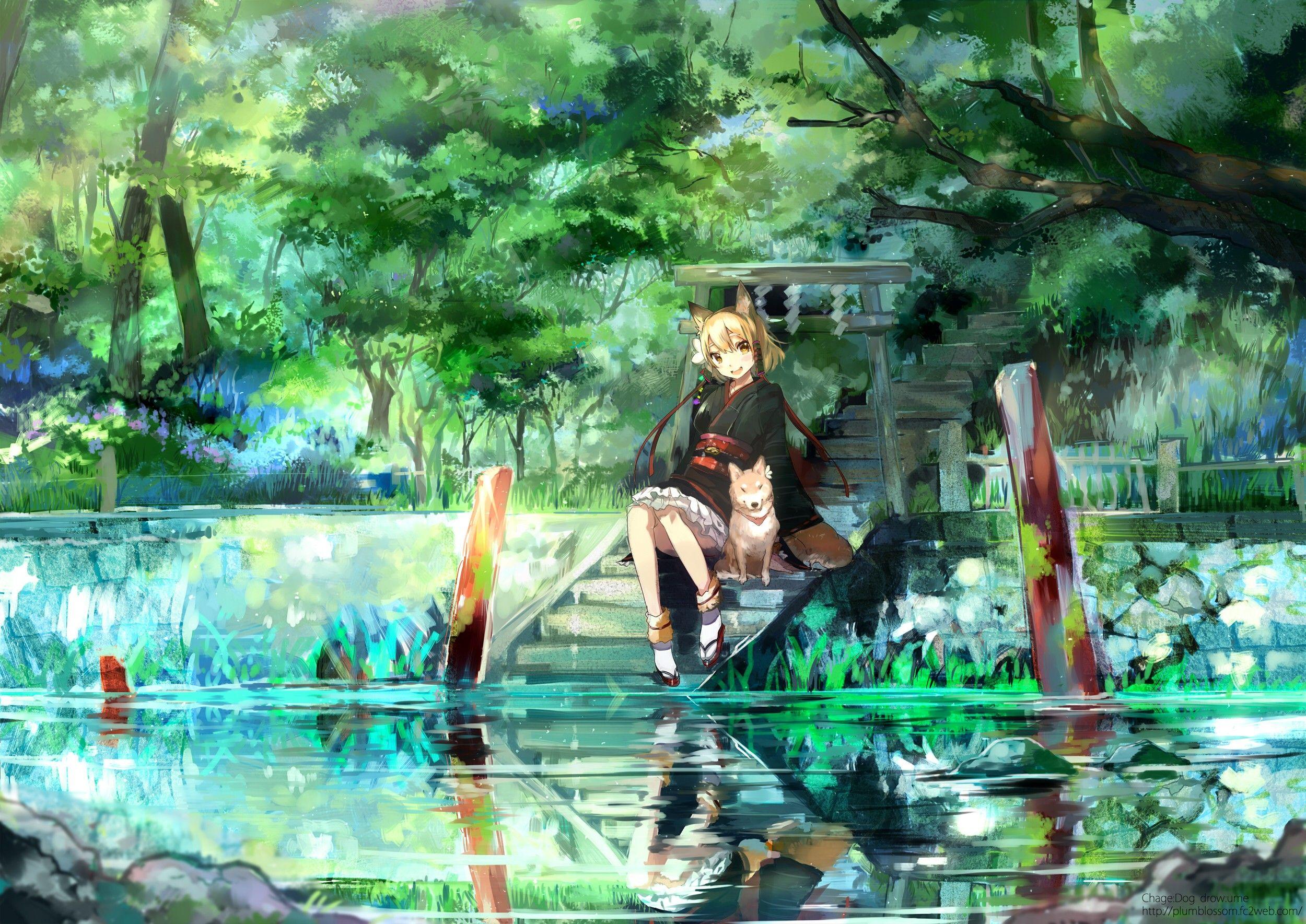 2500x1769 Water dogs nekomimi animal ears anime lakes anime girls wallpaperx1769