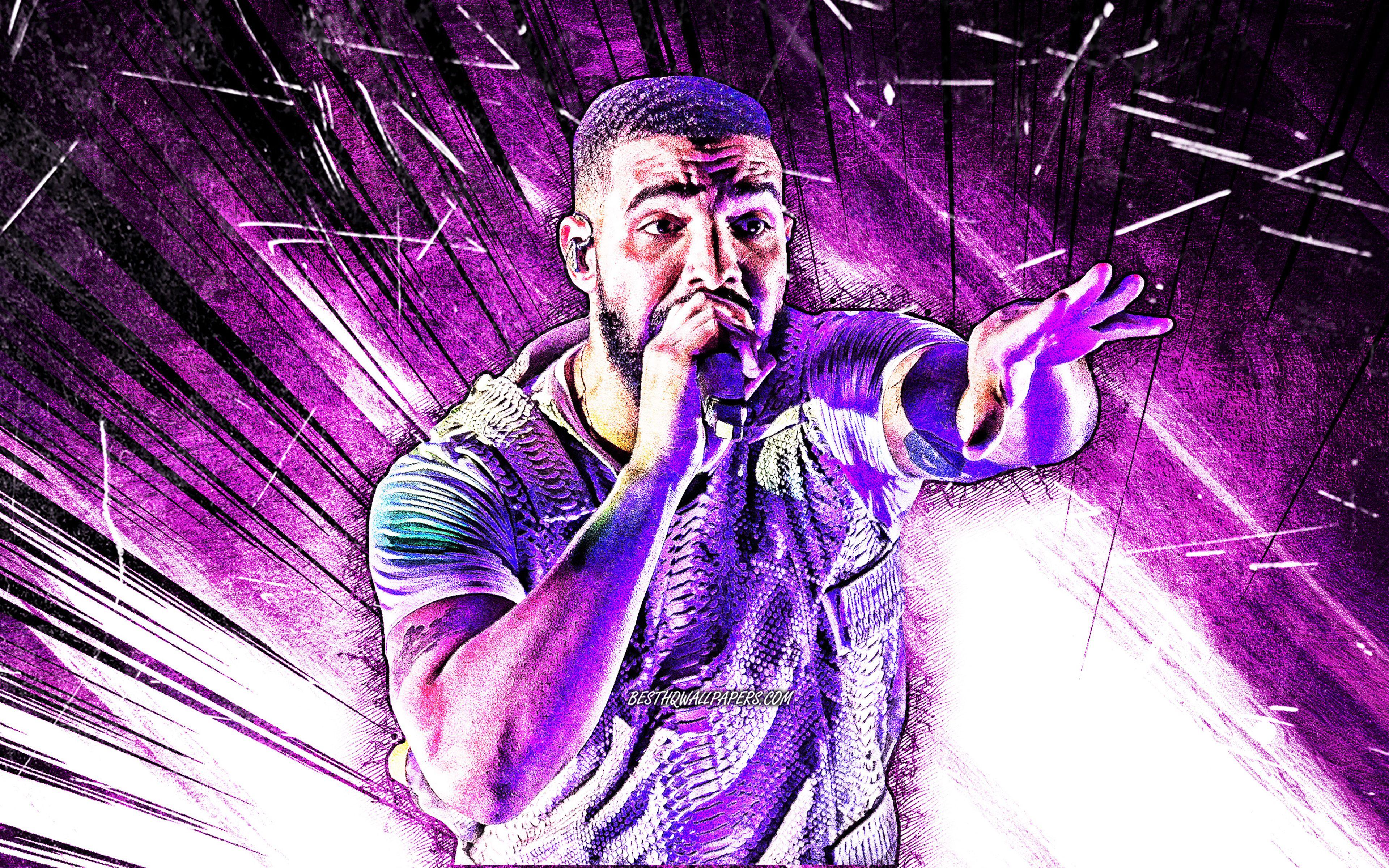 3840x2400 Download wallpaper Drake, grunge art, 4k, canadian rapper, violet abstract rays, music stars, Aubrey Drake Graham, Drake with microphone, creative, Drake 4K for desktop with resolution 3840x2400. High Quality HD picture wallpaper