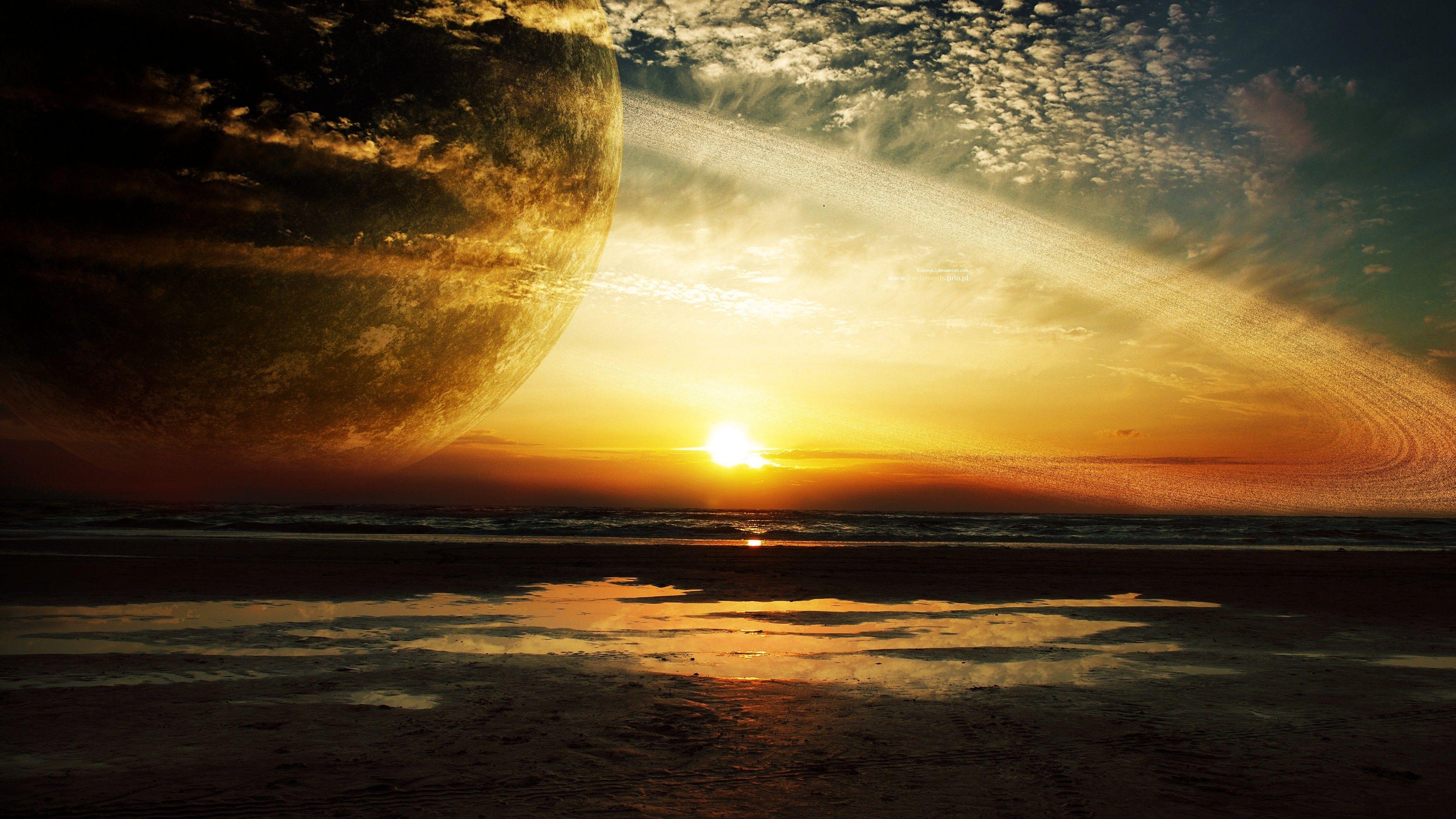 3840x2160 Wallpaper planet with rings over sea in the evening free desktop