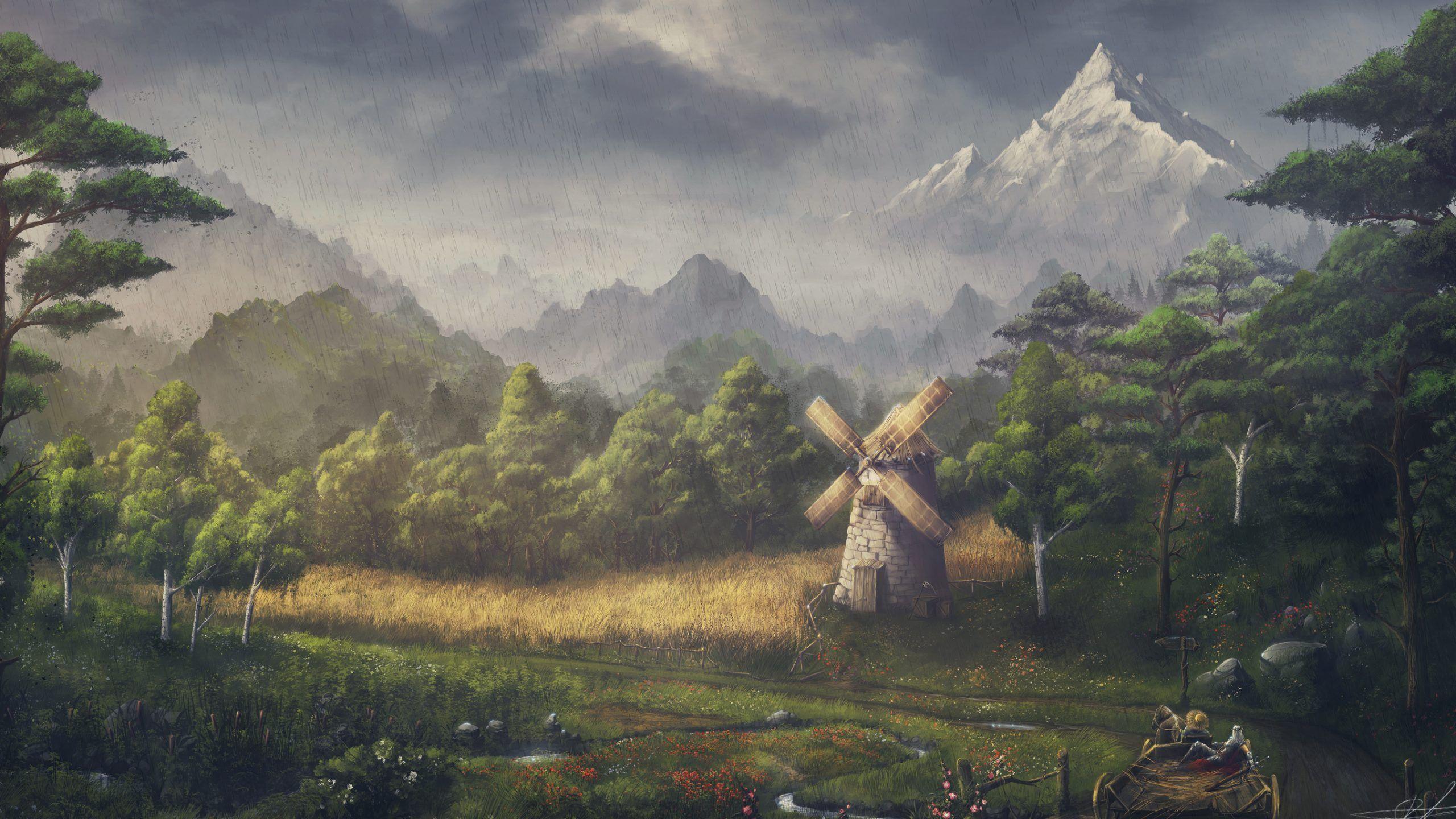 2560x1440 Chariot Trees Forest Landscape Mountain Path Rain Windmill Snow Wallpaper Book