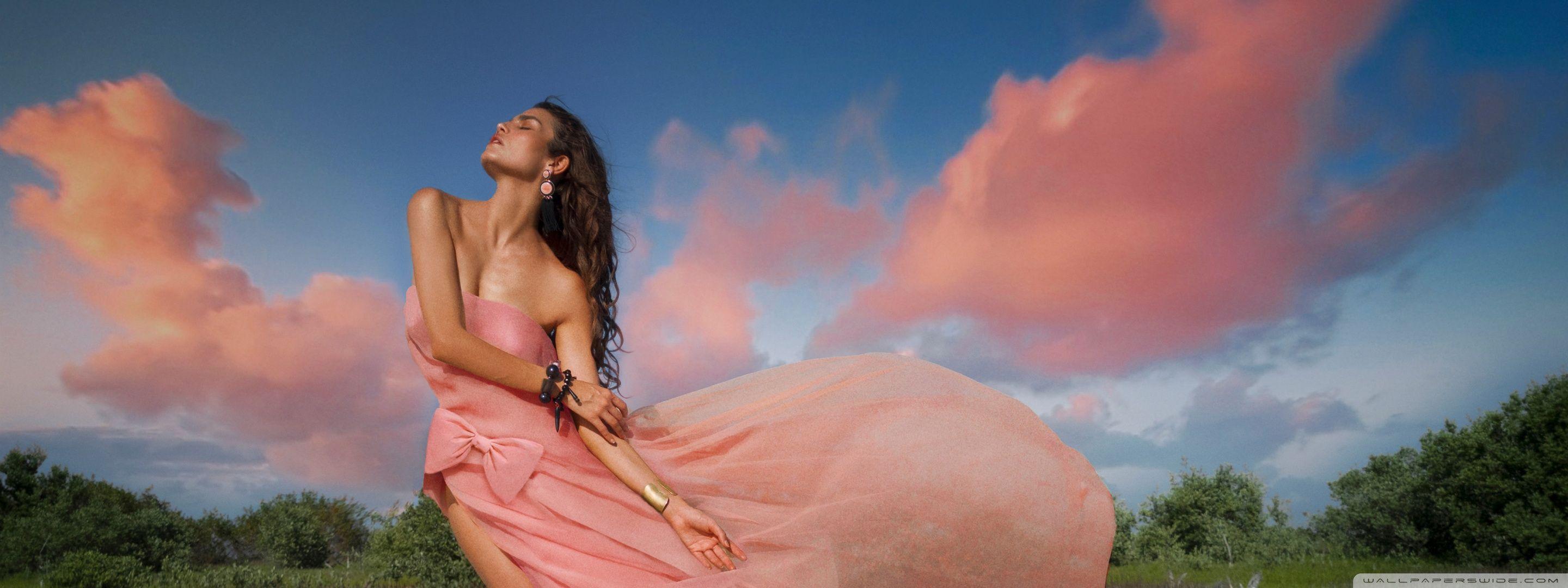 2880x1080 A Woman in a Light Pink Dress, Pink Clouds, Summer Sky Ultra HD Desktop Background Wallpaper for 4K UHD TV : Widescreen & UltraWide Desktop & Laptop : Multi Display, Dual Monitor