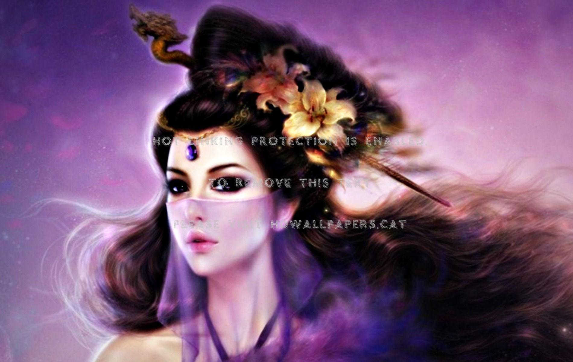 1900x1200 fantasy beauty veil purple pink woman asian