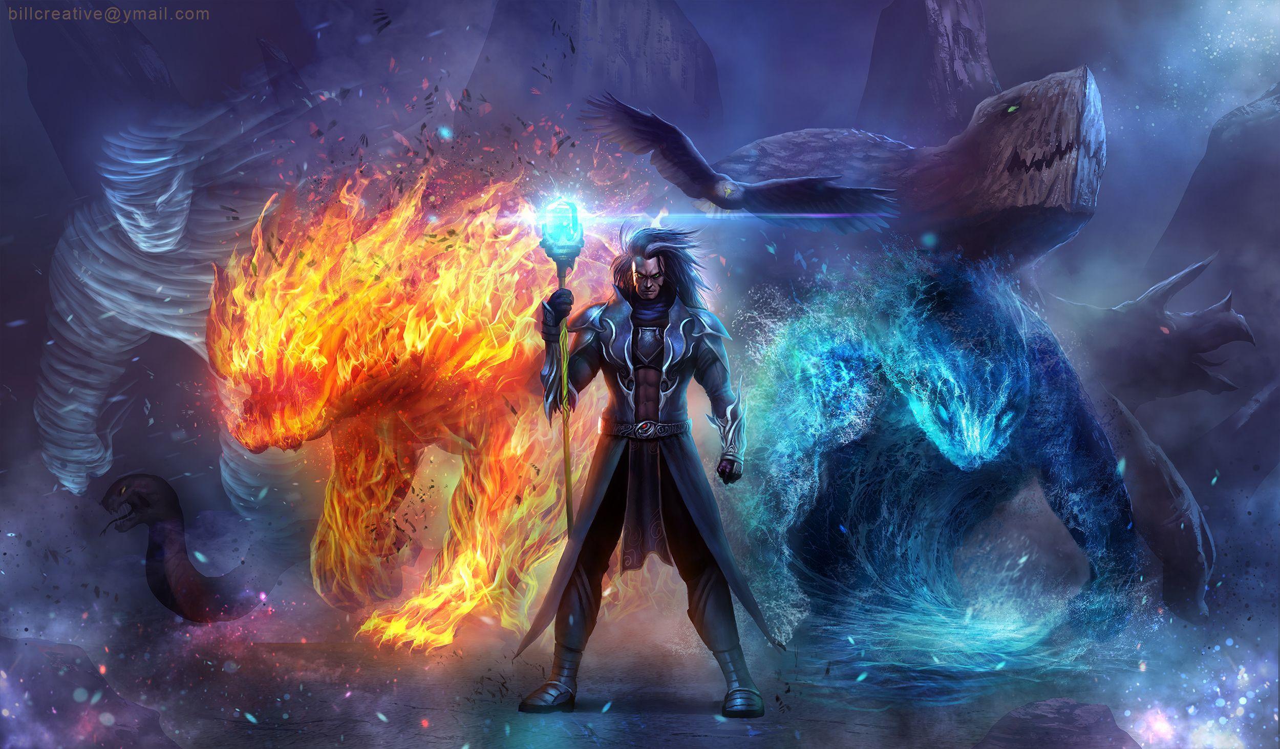 2500x1462 Fantasy Wizard Elemental Magic Creature Fantasy Wallpaper. Elemental magic, Dragon picture, Fantasy art
