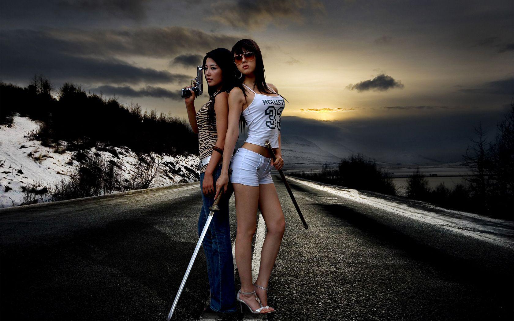 1680x1050 women, sunsets, Hwang Mi Hee, asians, Gun Sword, girls with guns, roads, winter landscapes, girls with swords, swords wallpaper