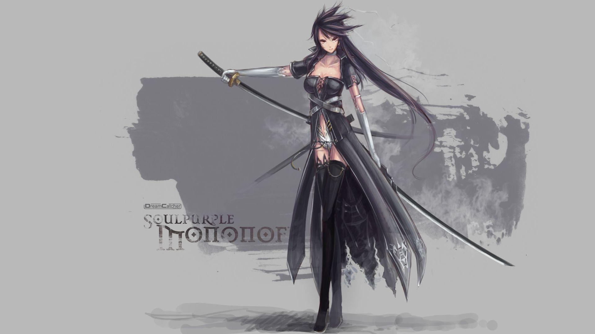 1920x1080 katana, long hair, weapons, thigh highs, artwork, anime girls, swords, black hair wallpaper