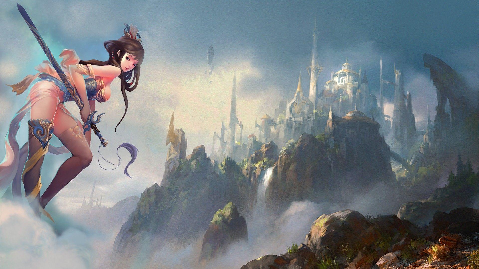1920x1080 women, paintings, video games, landscapes, cityscapes, fantasy art, citadel, drawings, anime girls, swords wallpaper