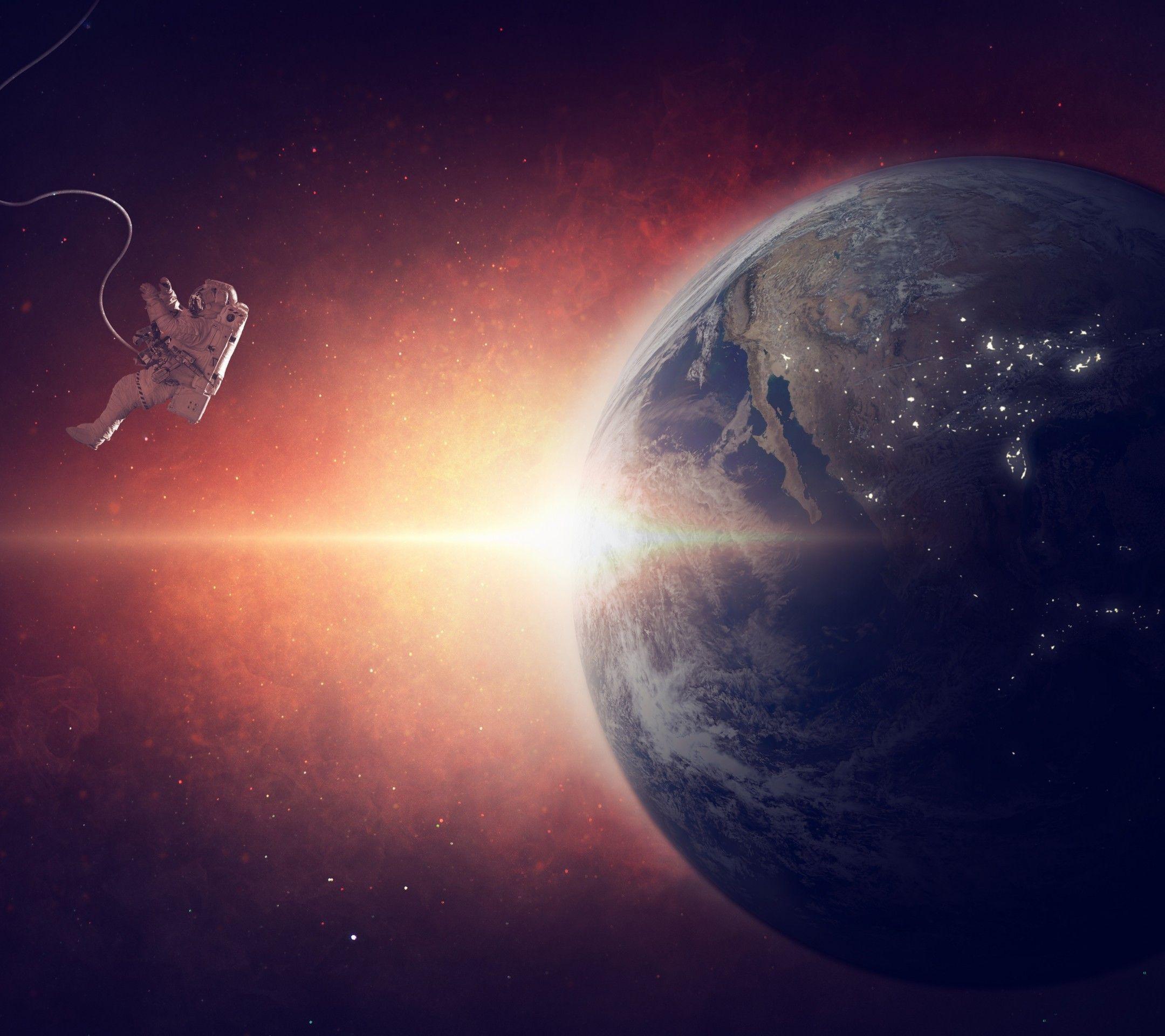 2160x1920 Download 2160x1920 Floating Astronaut, Galaxy, Orbit, Earth, Sun Wallpaper