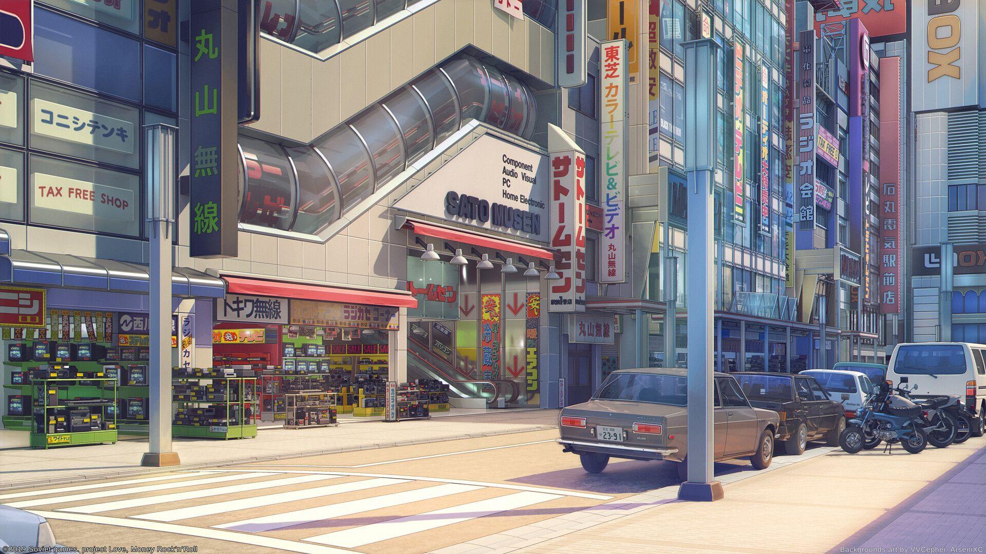 1920x1080 Akihabara South Exit in game variants, Arseniy Chebynkin. Anime places, Anime scenery wallpaper, Anime background