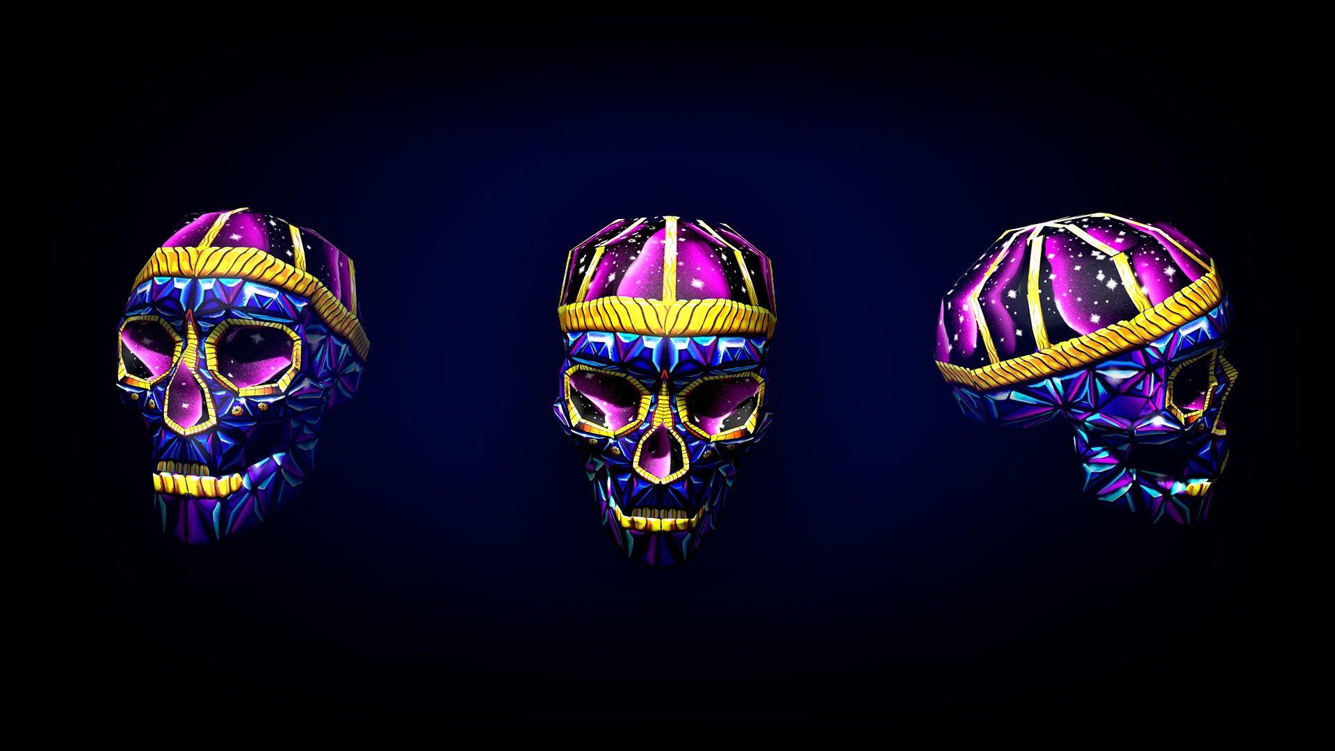 1920x1080 minimalism, digital art, low poly, 3D, geometry, skull, colorful, gradient, blue, purple, yellow, starsx1080 Wallpaper