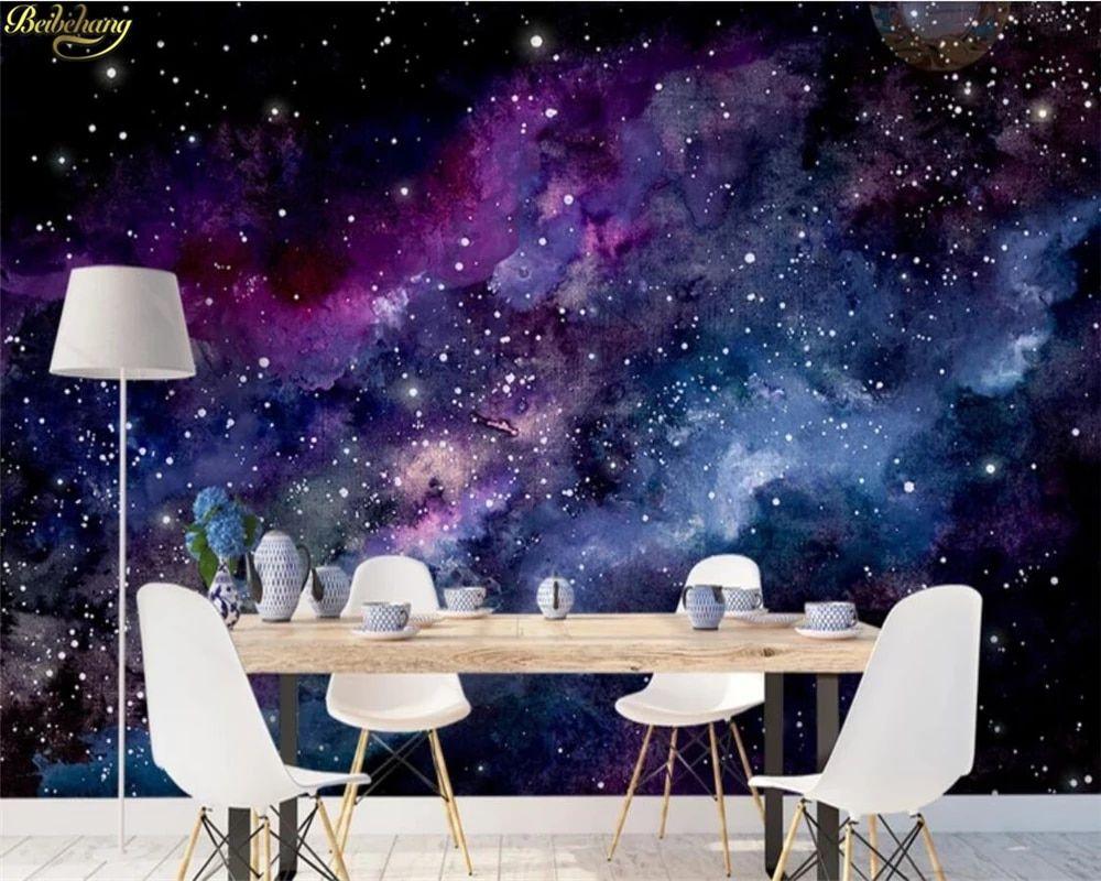 1000x800 Beibehang Custom 3D Wallpaper Blue Purple Dream Starry Sky Dynamic Nebula Black Hole Hand Painted Background Wall Paper Mural