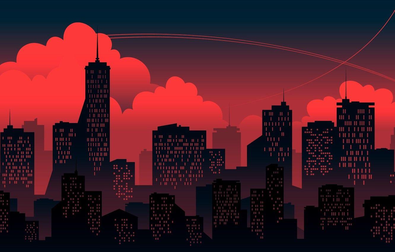 1332x850 Wallpaper Sunset, Red, Clouds, Minimalism, The city, Building, The building, Background image for desktop, section минимализм