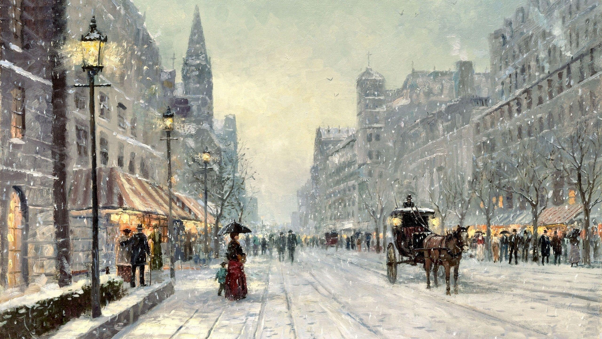 2560x1440 architecture, artwork, art, scenery, painting, Carriage, cityscape, equine, winter, snow, horse wallpaper