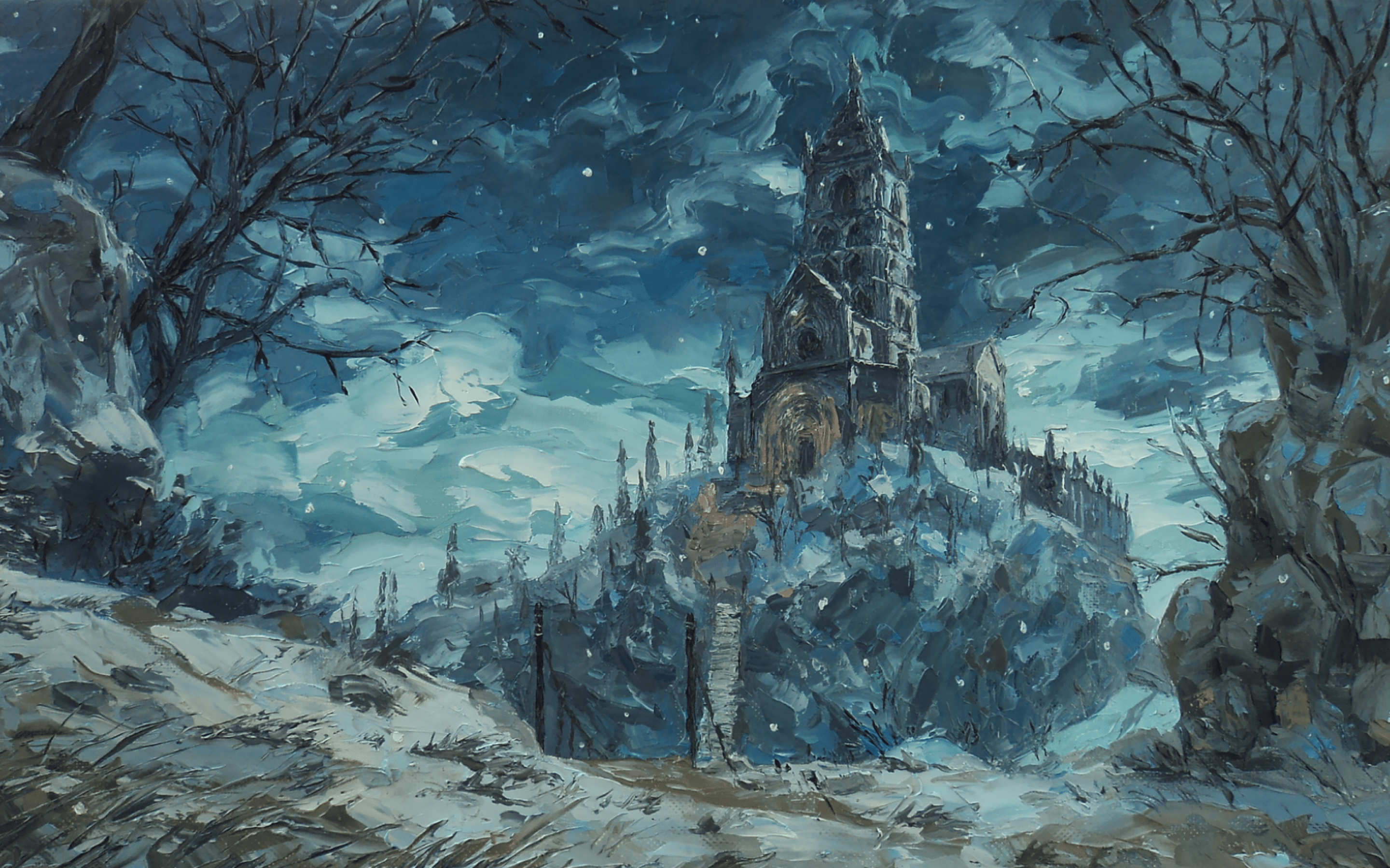 2880x1800 Download 2880x1800 Fantasy Castle, Medieval, Painting, Snow, Winter Wallpaper for MacBook Pro 15 inch