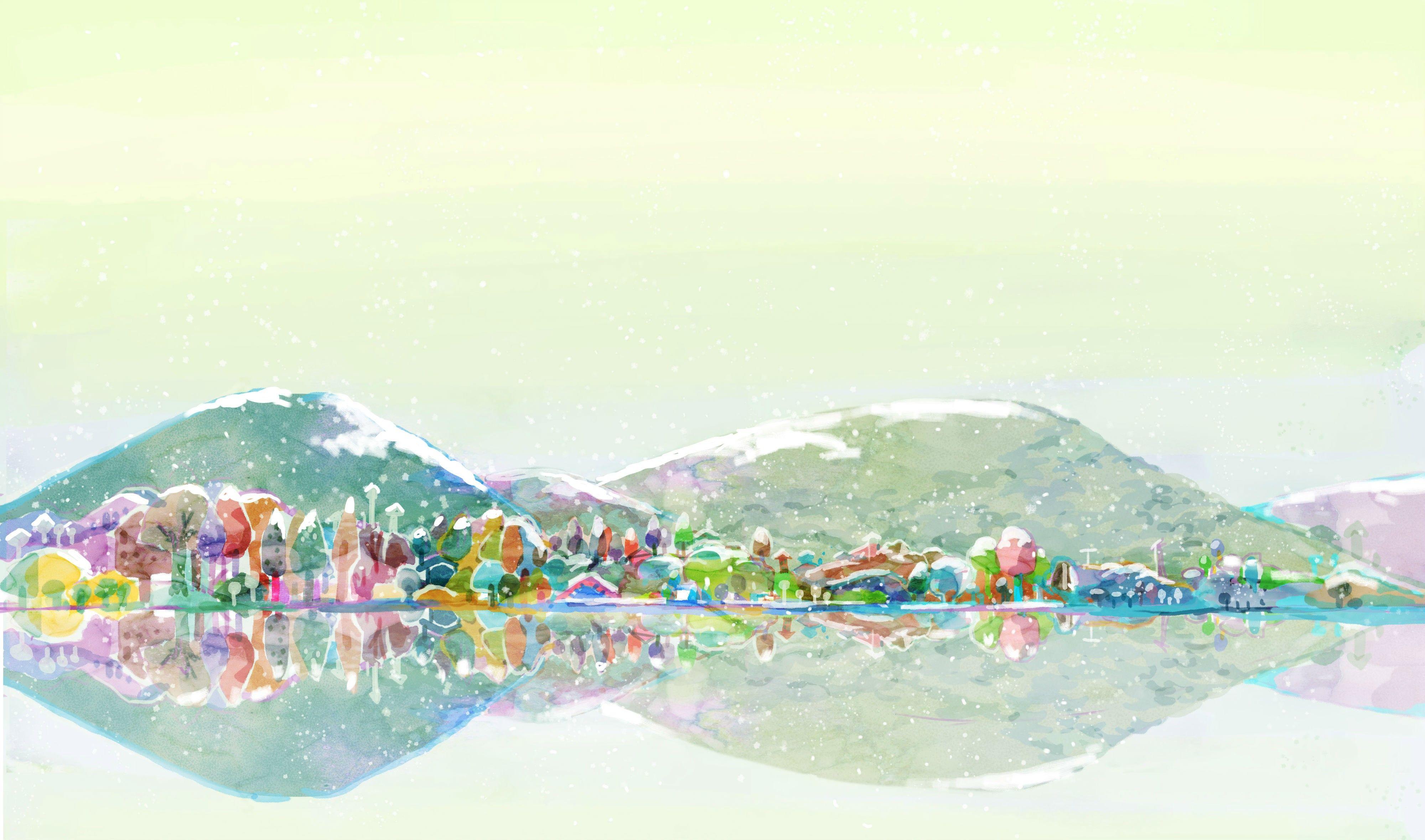 4000x2359 #painting, #reflection, #house, #winter, #water, #digital art, #colorful, #snow, #snowy peak, #mountains, #nature, #trees, wallpaper