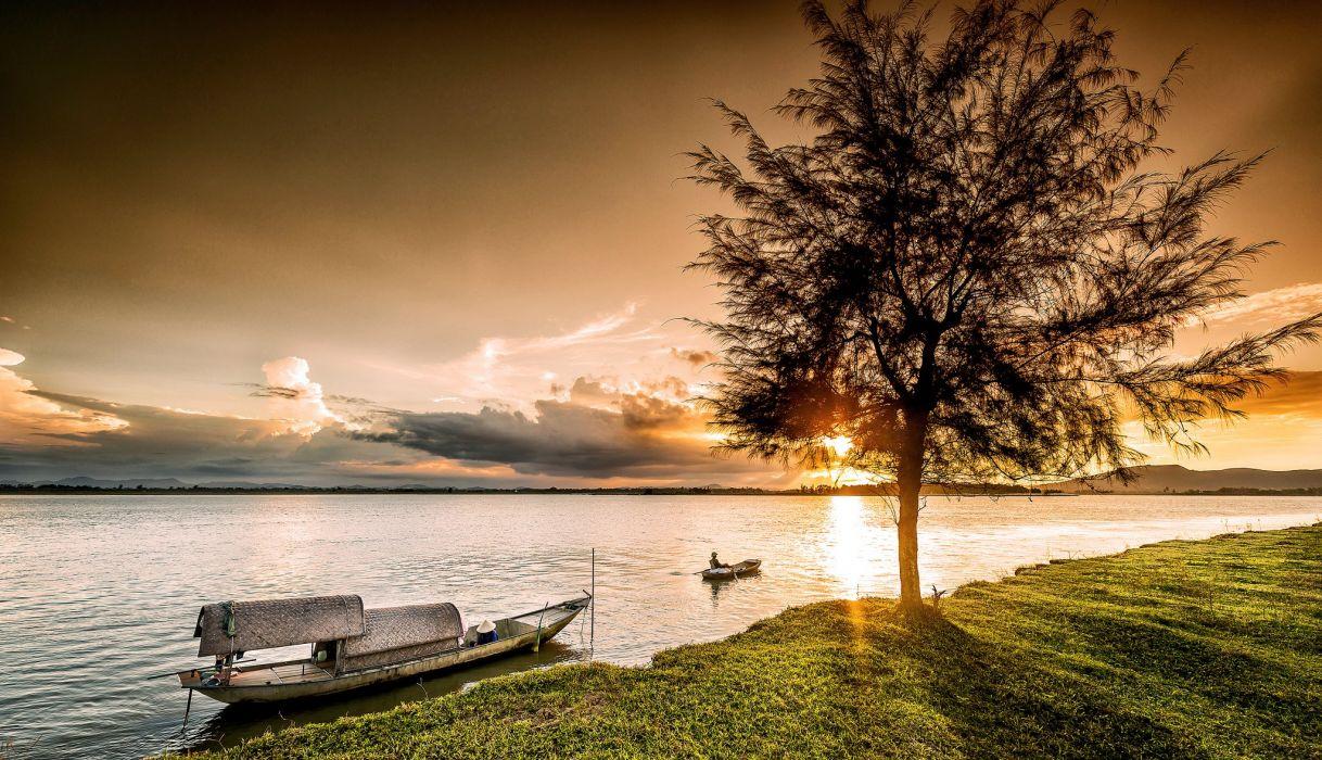 1218x700 Sunrises and sunsets Boats Vietnam Ocean Trees Vinh Nature wallpaper