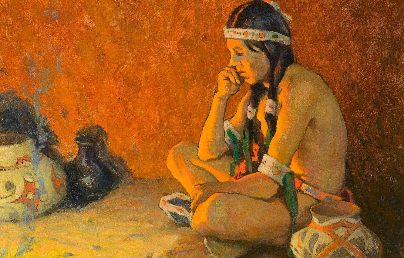 1332x850 Wallpaper containers, Eanger Irving Couse, thoughtful Indian, The Thinker image for desktop, section живопись