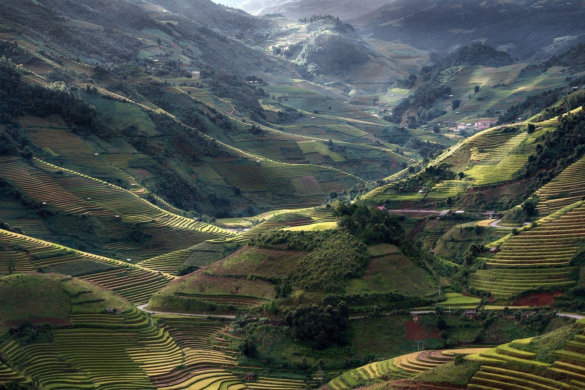 1920x1280 nature landscape mountain field terraces sunlight road trees village