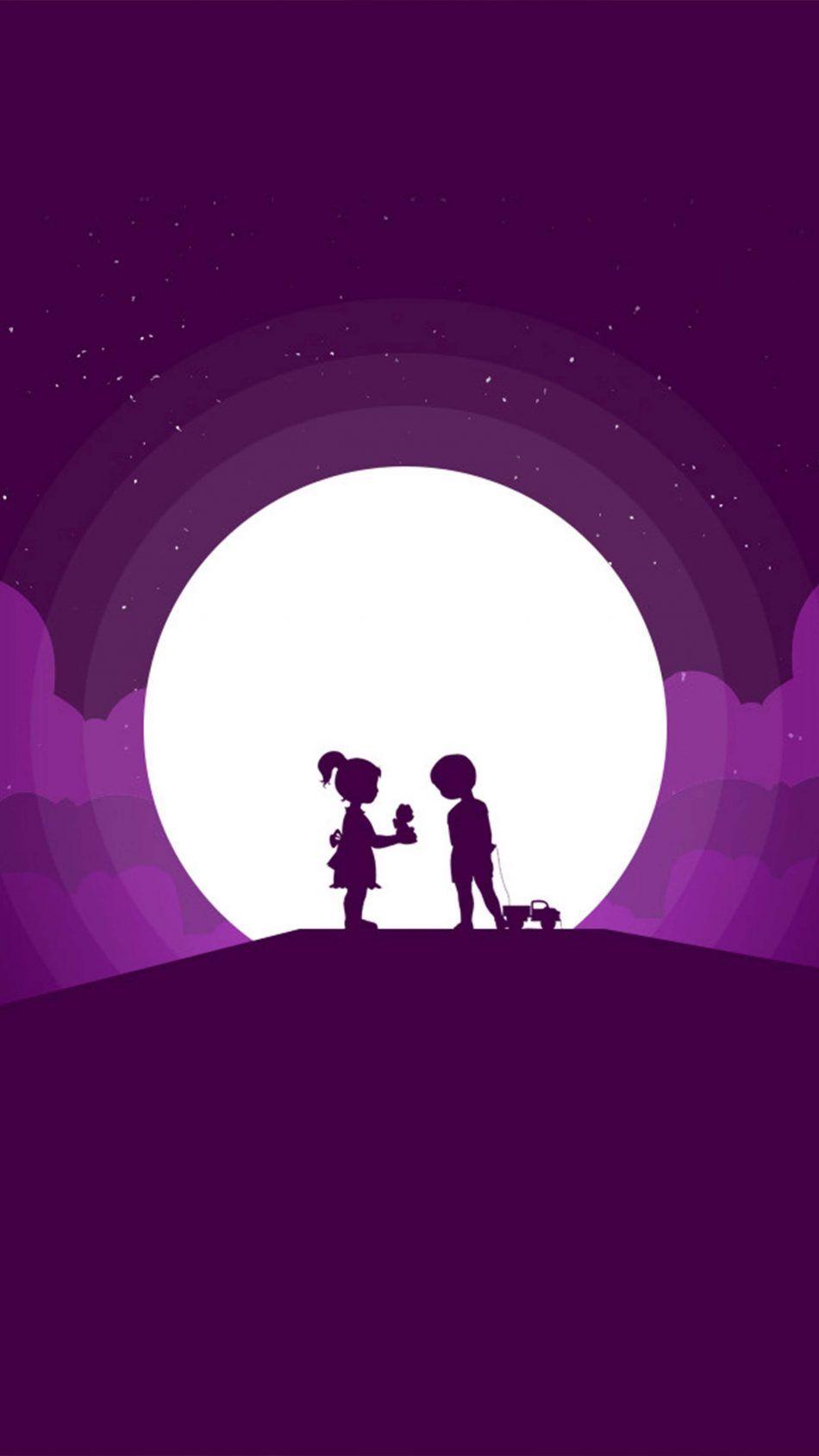 950x1689 Couple Kids Moon Minimal Silhouette 4K Ultra HD Mobile Wallpaper for iPhone & Android
