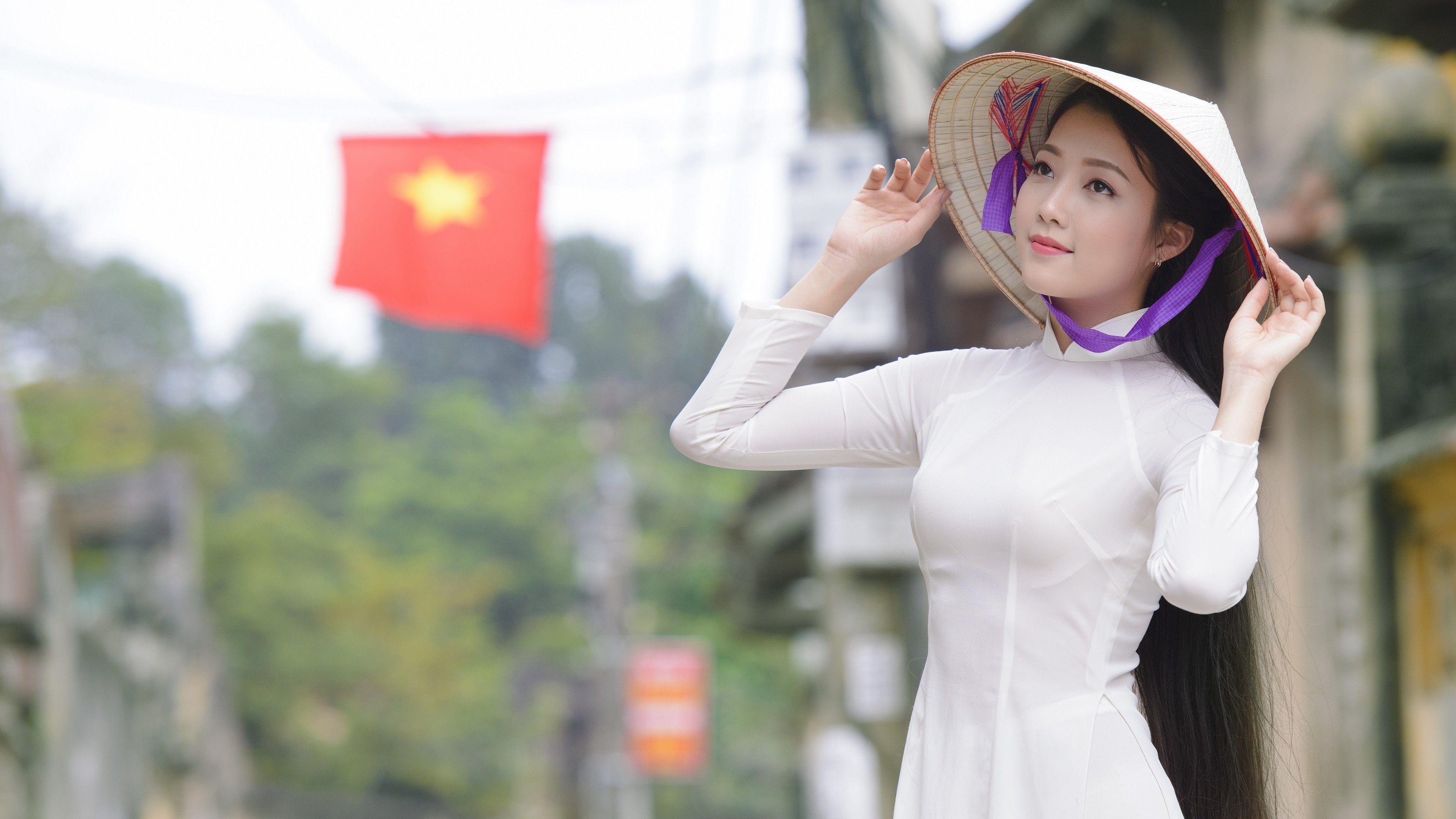 3840x2160 Asian Ao Dai Asian Conical Hat Girl Vietnamese Clothing Vietnamese