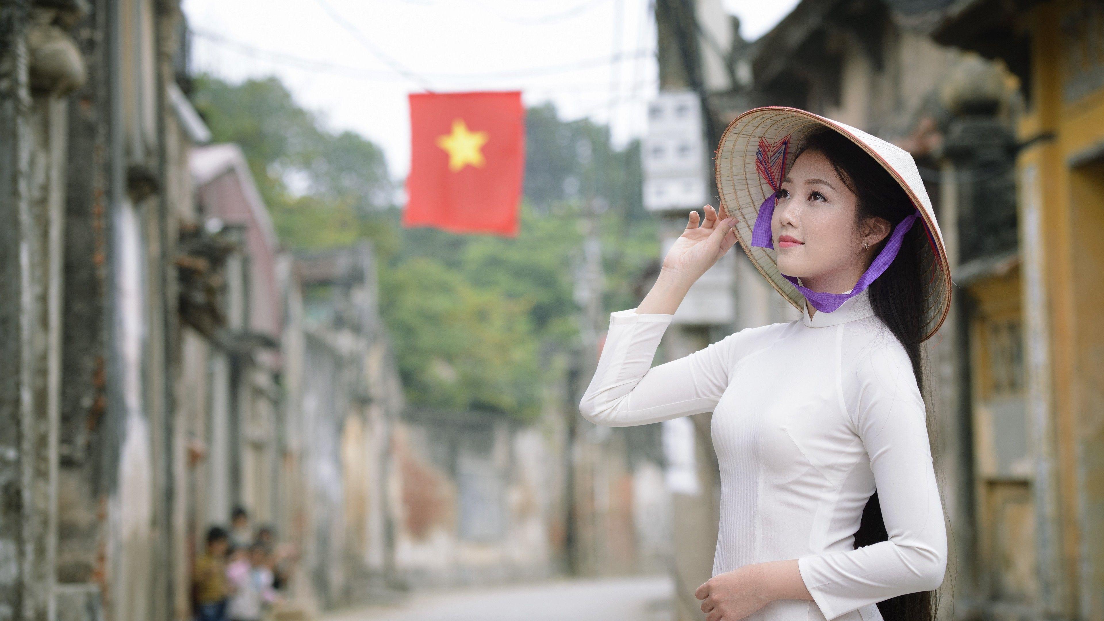 3840x2160 Asian Ao Dai Asian Conical Hat Girl Model Vietnamese Clothing