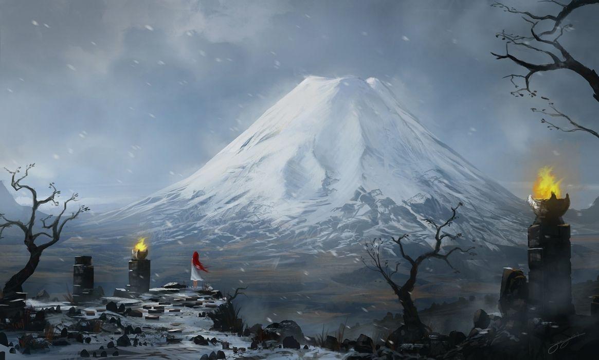 1165x700 Art mountain peak snow girl Ginger fire stones blizzard wallpaperx1154