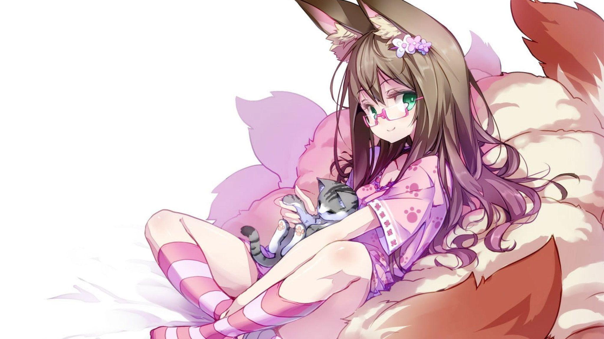 2048x1152 Female Anime Character Holding Cat Wallpaper, Anime Girls, Fox Girl, Animal Ears • Wallpaper For You