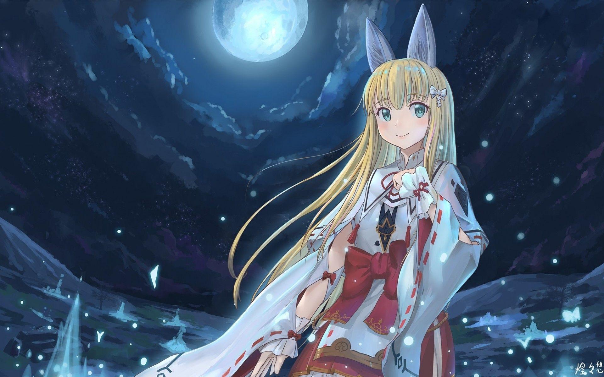1920x1200 Download 1920x1200 Anime Fox Girl, Moonlight, Animal Ears, Cute, Blonde, Braids, Wristwear Wallpaper for MacBook Pro 17 inch