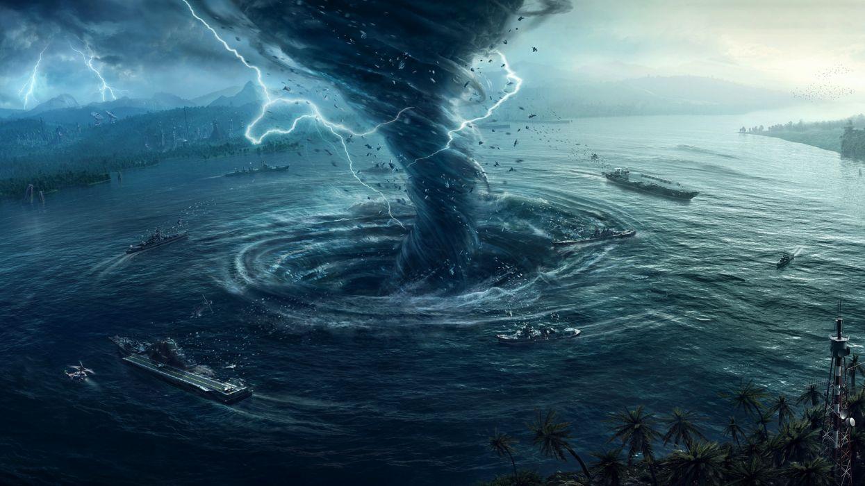 1245x700 Disasters Ships Water Tornado Lightning 3D Graphics Fantasy wallpaperx1440