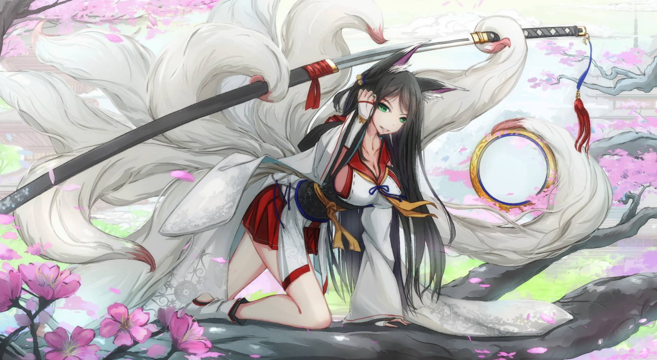 2114x1160 Nine Tailed Fox Anime Girl