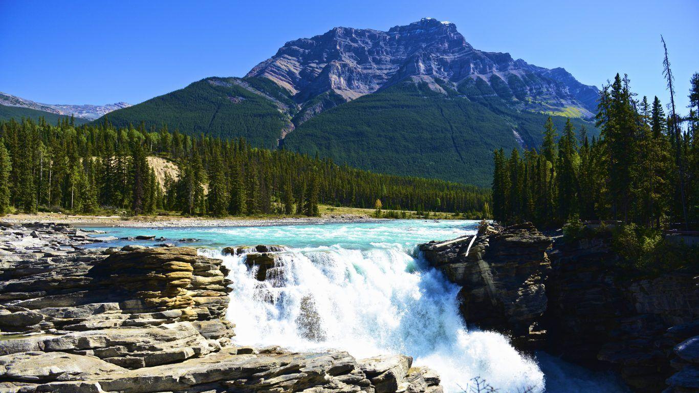 1366x768 Athabasca Water Canada Creek Falls Mountain Trees Landscape Falls Wallpaper & Background Download