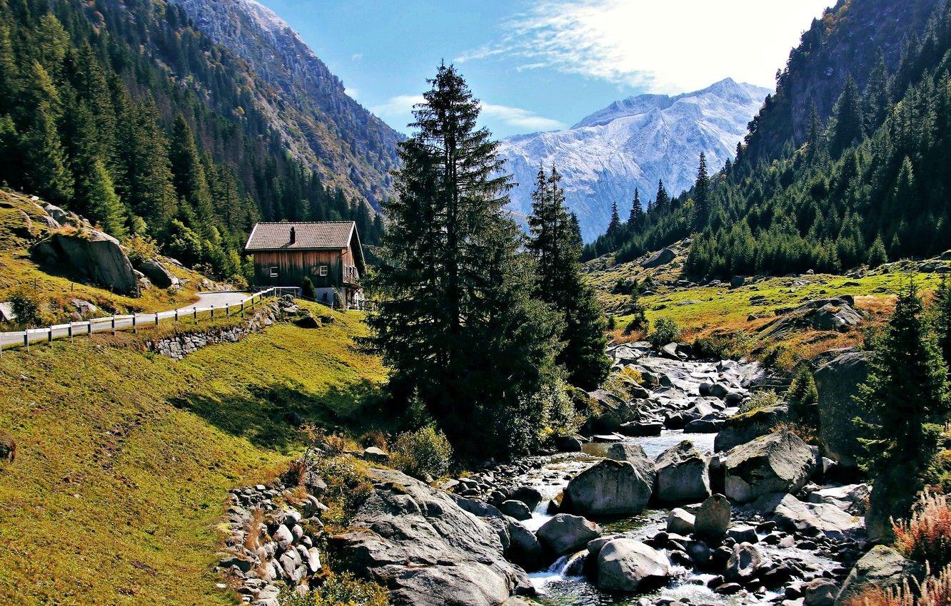 1332x850 Wallpaper forest, river, landscape, mountains, creek, shed, alpine image for desktop, section пейзажи