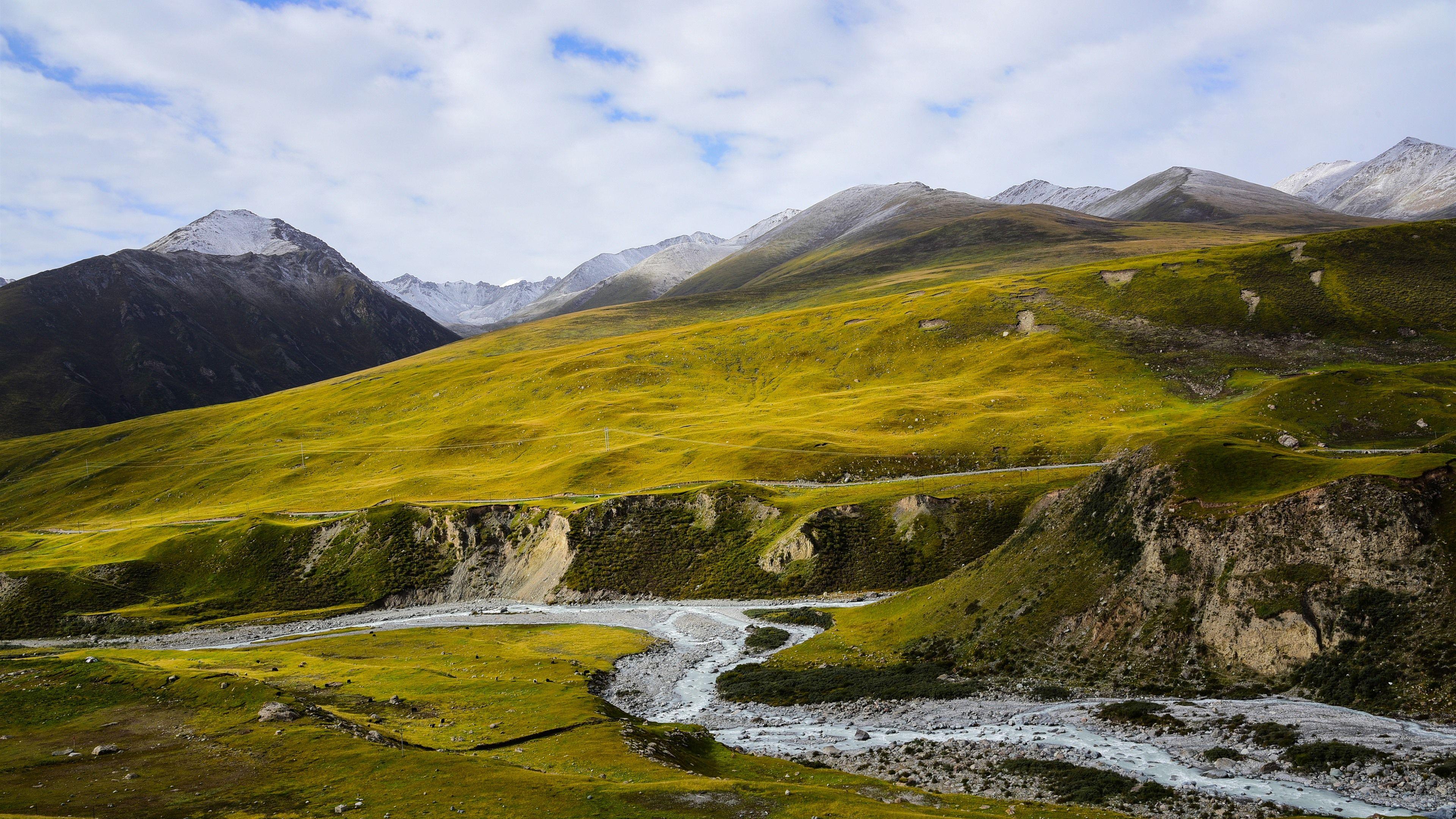3840x2160 Wallpaper Animaqing Snow Mountain, peaks, creek, slope, clouds, Qinghai, China 3840x2160 UHD 4K Picture, Image