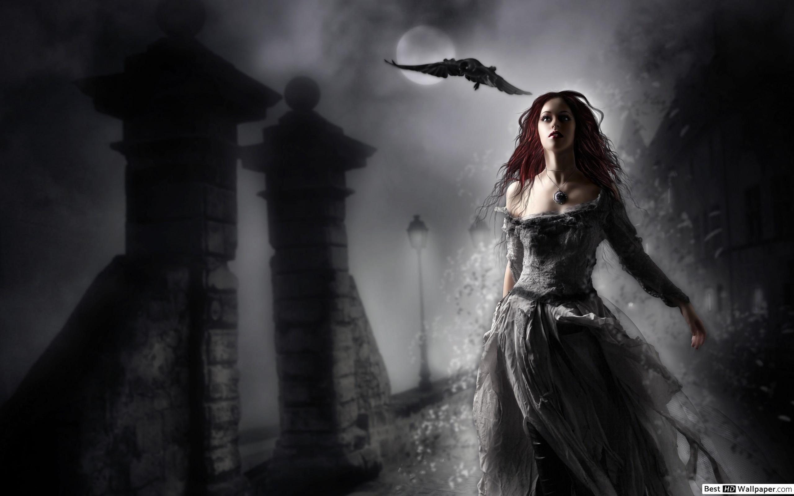 2560x1600 Gothic girl with raven HD wallpaper download