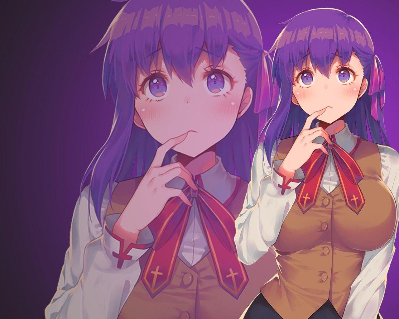 1280x1024 Download 1280x1024 Fate Stay Night, Sakura Matou, Finger On Lips, Ribbons Wallpaper