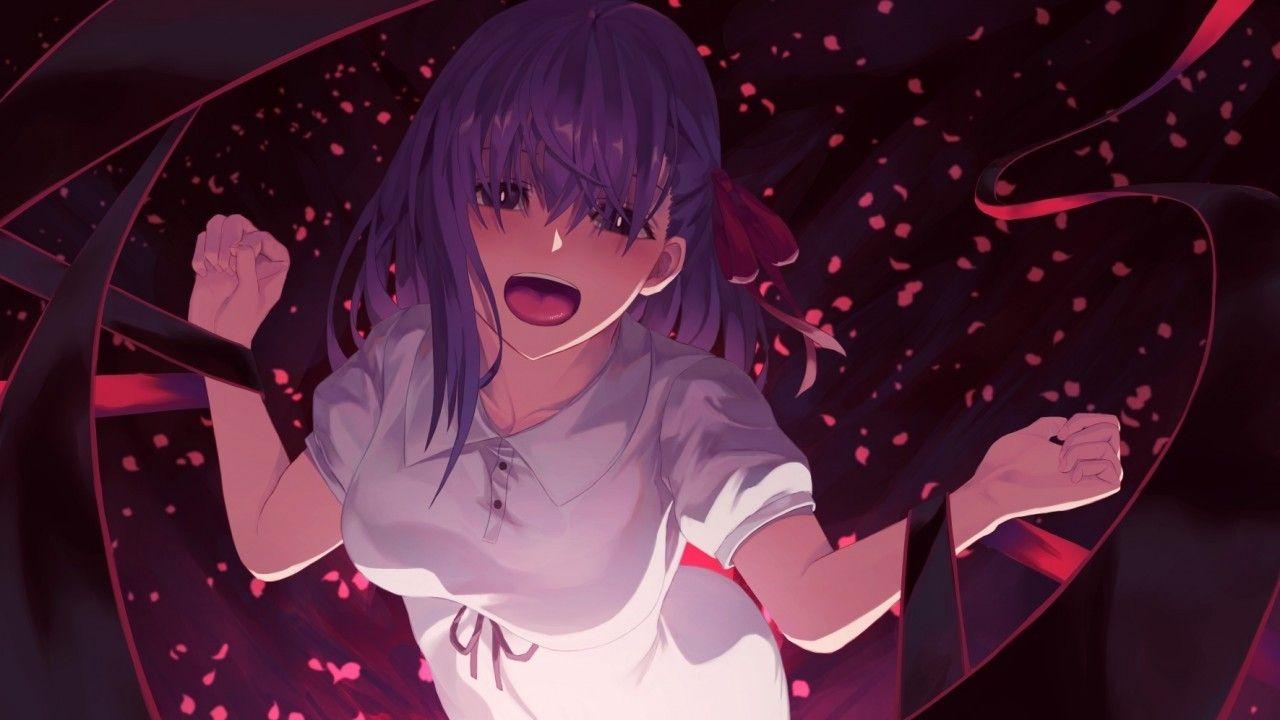 1280x720 Download 1280x720 Matou Sakura, Fate Stay Night, Scream, Petals, Purple Hair Wallpaper