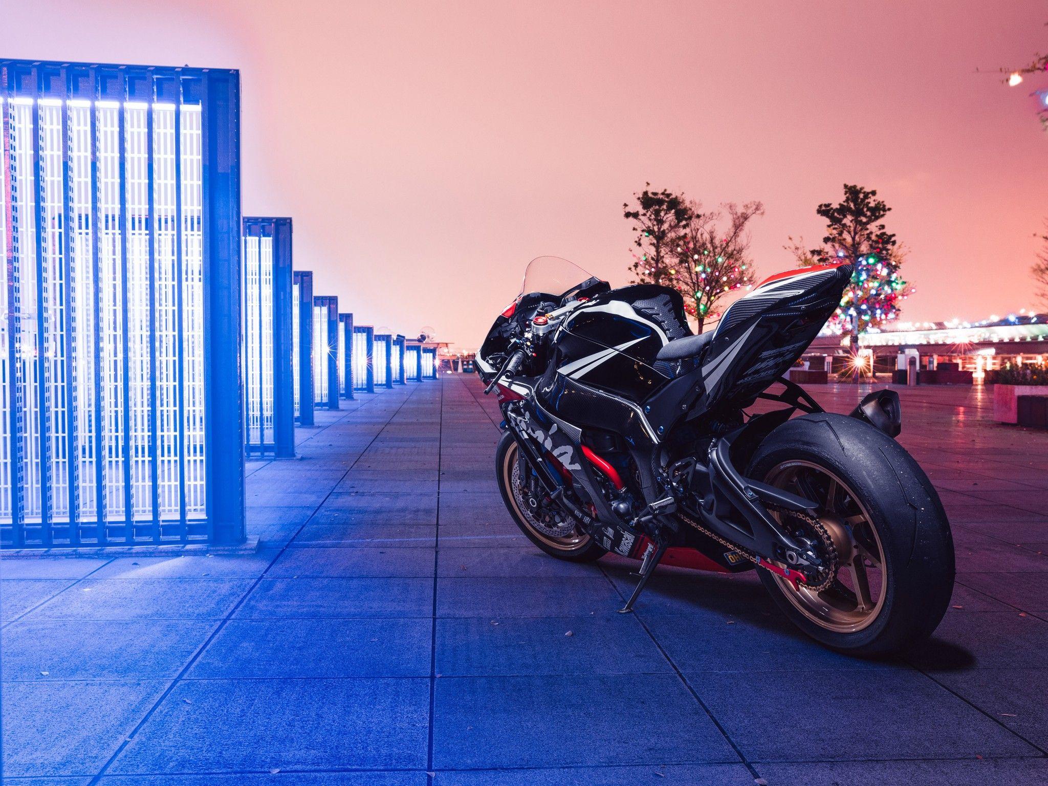 2048x1536 Kawasaki Ninja ZX 10R 4K Wallpaper, Sports Bikes, Neon, Bikes