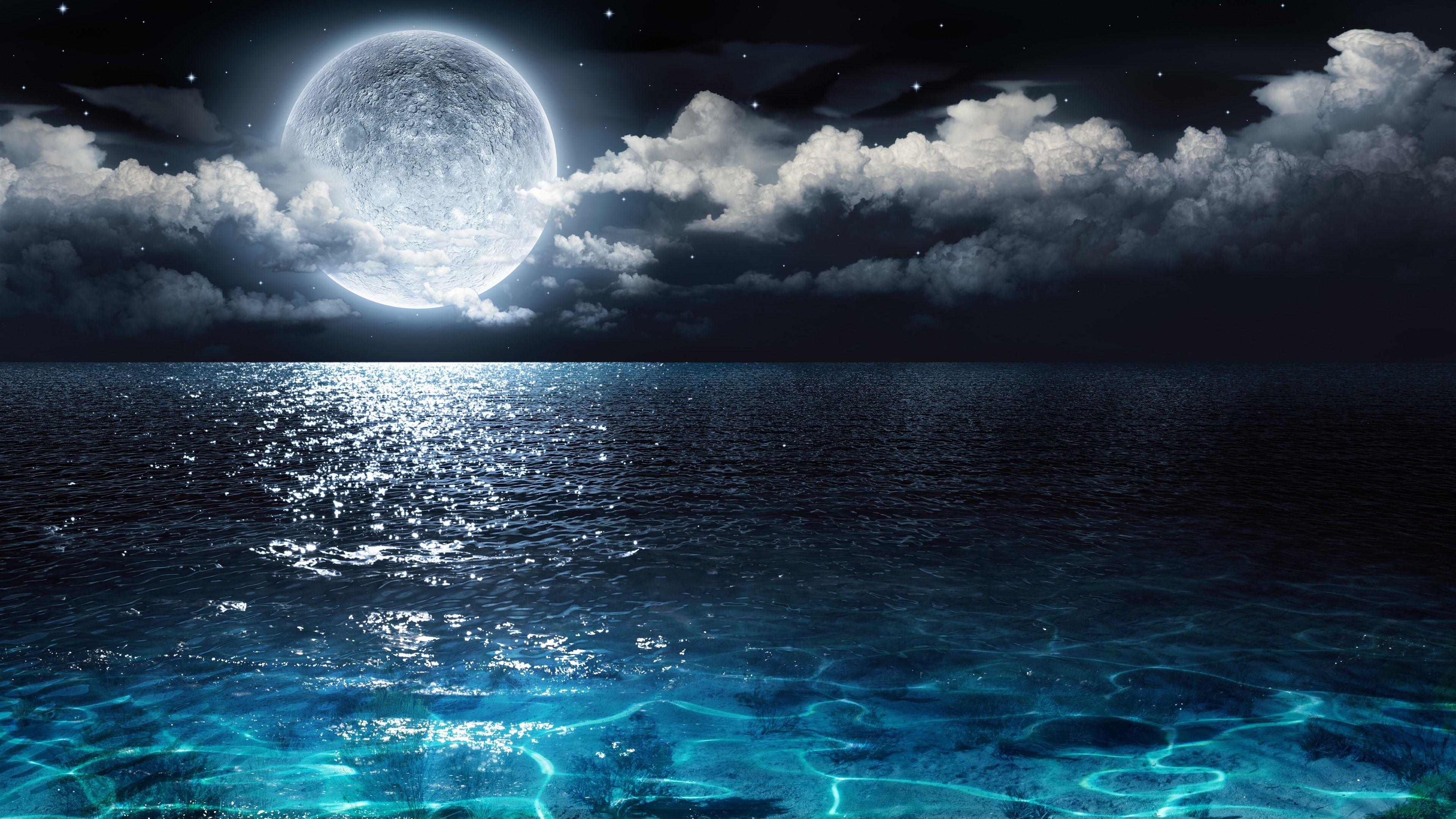3840x2160 Wallpaper Full moon, blue sea, clouds, night, beautiful nature landscape 5120x2880 UHD 5K Picture, Image
