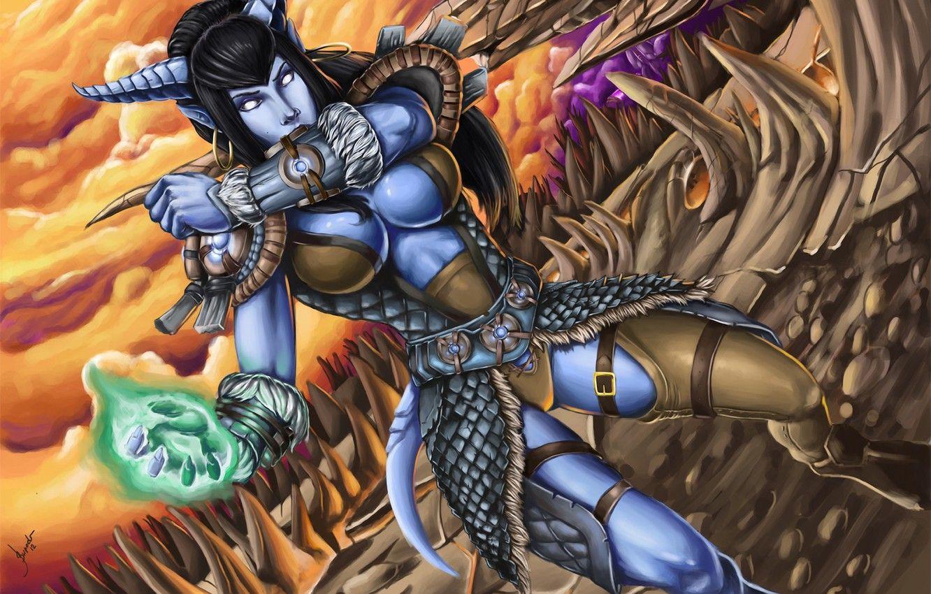 1332x850 Wallpaper girl, magic, armor, World of Warcraft, Wow, peaks, Draenei image for desktop, section игры